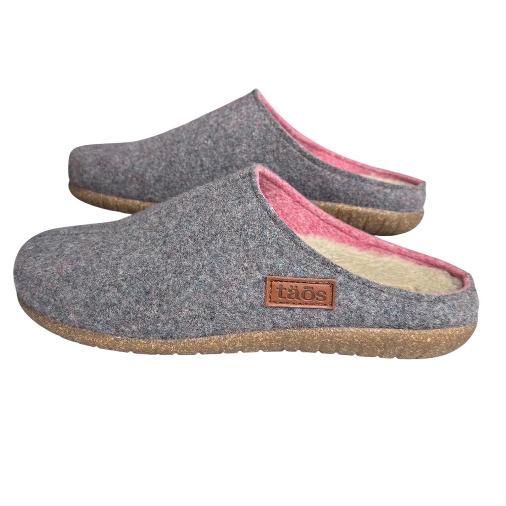 Taos Wooldridge Grey Wool Clogs Slippers Women 10-10.5 Pink Trim Made in Spain